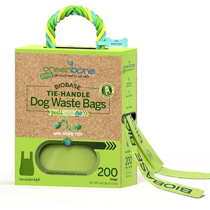 Greenbone Poop Bags for Dogs with Handles Unscented with Bonus Rope Pet Toy, 200 Count on Single Roll, Plant Based - style: Uncented-toy