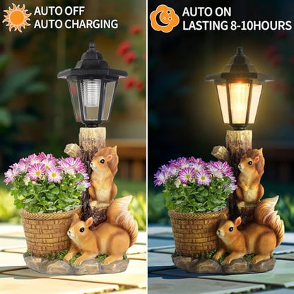 Solar Squirrels Outdoor Statues, Garden Sculpture with Flowerpot & Lantern - color: Squirrels