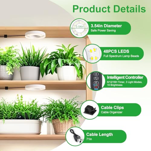 Ceiling LED Plant Growth Lights for Indoor Plants, Warm+White Full Spectrum 3.54" Grow Lamps for Plant Growth with 6/12/16H Timer, 3 Spectral Modes, 10 Dimmable Levels, Halo Angel Ring White (2 Head) - size: 3.54in 2 Head