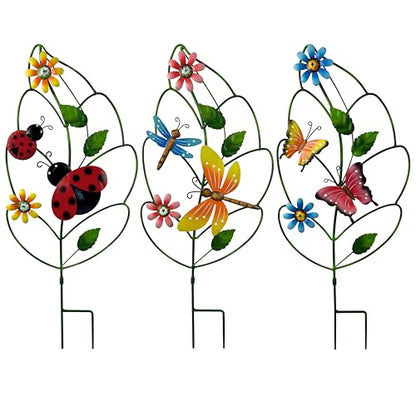 3 Pack Metal Garden Stakes, Butterfly Dragonfly Ladybug Outdoor Decor