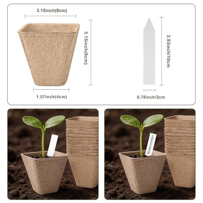 3.15 Inch Peat Pots 120 Pack, Square Seed Starting Pots with Plant Labels