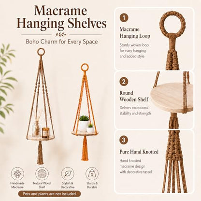 Macrame Hanging Planter with Shelf, Boho Plant Hanger for Indoor Window - color: Khaki + Orange