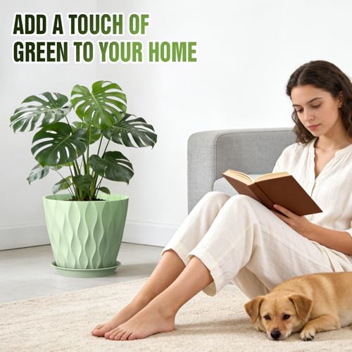 8 Inch Plant Pots 4 Pack Plastic Planters with Drainage & Saucers - color: Green