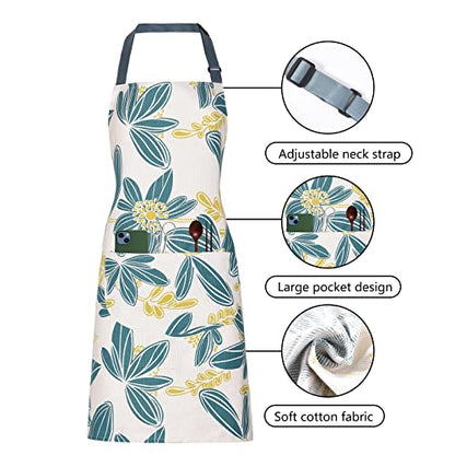 2 Pack Floral Apron for Women with Pockets, Adjustable Cotton Chef Aprons for Kitchen, Cooking, BBQ & Grill - color: Turquoise/Leaf