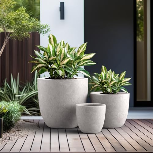 Kante Set of 3 CON Gray Concrete Bowl Planters 18" 14" 10" Dia - color: Light Gray, size: 18"d + 14"d + 10"d