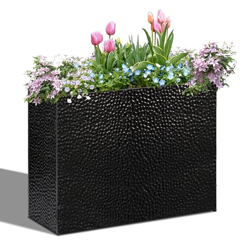 Tall Planters for Outdoor Plants - Hand-Hammered Metal Large Rectangular Block Planter Box with Drainage Holes, Modern Planters Indoor Outdoor Flower Plant Pots Patio Yard Front Porch Deck,32x12x24" - color: Black