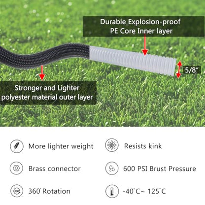 HQMPC Garden Hose 5/8"IDx30' Hose Stiff And Rigid Light Weight Durable Non Kinking Water Hose For Garden Lawn Waterring Female Brass Hose Fittings 30 FEET Black(Leight weigh arround 1 kgs)