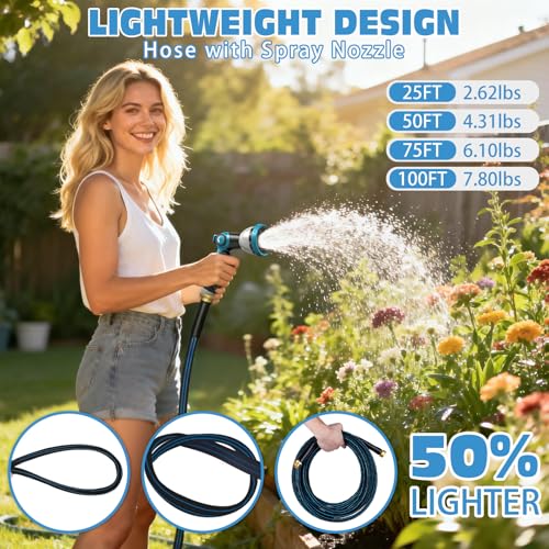 Halfjuly Garden Hose 25FT, Flat Non-Expandable Lightweight Water Hose, Durable Flexible Heavy Duty No Kink Design with 3/4" Fittings, 10 Way Spray Nozzle for Outdoor Yard Lawn - size: 25FT