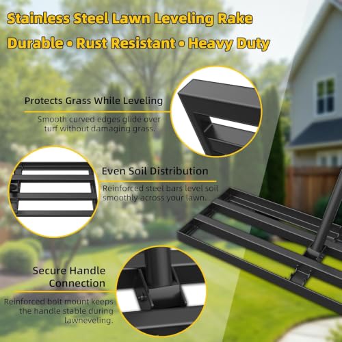 30 Inch Lawn Leveling Rake with 70'' Adjustable Handle for Yard/Garden/Farm - color: Black