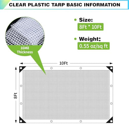 8x10Ft Clear Greenhouse Plastic Covering Tarp for Chicken Coop(16mil) - size: 8x10FT