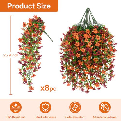 8 Pcs Artificial Hanging Flowers for Outdoors Fake Mums Decor, Red Orange
