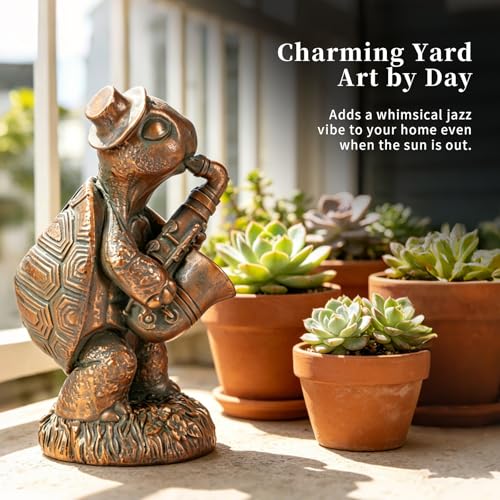 Solar Turtle Statue with Saxophone String Lights for Garden Decor
