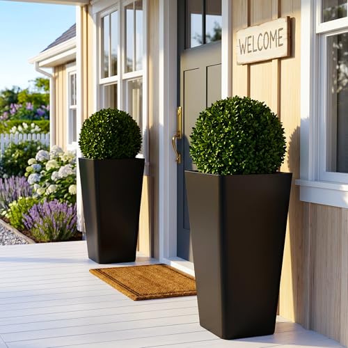 KOL Planters for Outdoor Plants, 28 Inch Tall Black Flower Pots 2 Pack, Large Plastic Plant Pots with Drainage Hole and Dual-Purpose Tray, Decorative Indoor Planter for Front Porch Patio Garden - color: Black, size: 28 Inch Tall