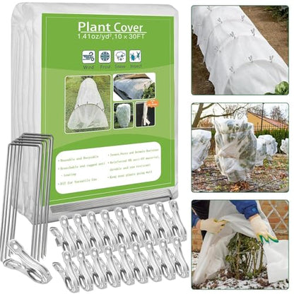 kockuu Plant Covers Freeze Protection, 10ft x 30ft 1.41 oz/yd² Frost Cloth Plant Blankets Floating Row Covers with 20 Stainless Steel Clips for Winter Plants Gardens Frost/Sun Pests Protection, White - color: White Plant Covers, size: 10*30ft