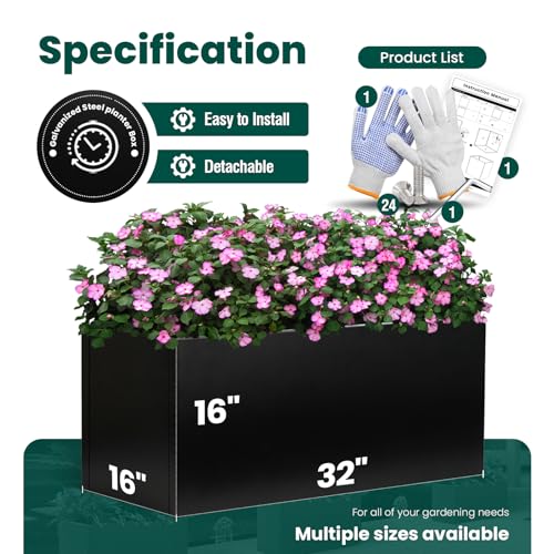 Galvanized Steel Planters Rectangular Planter 32" L x 16" W x 16" H, Black - color: Black, size: 32" L x 16" W x 16" H