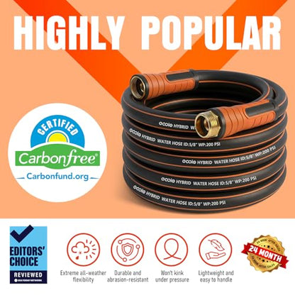 Garden Hose 25 ft x 5/8", Heavy Duty Water Hose, Flexible and Durable, Kink Resistant Lightweight Hybrid Hose, Leakproof Yard Hose with Male to Female Fittings - color: Black, size: 25ft