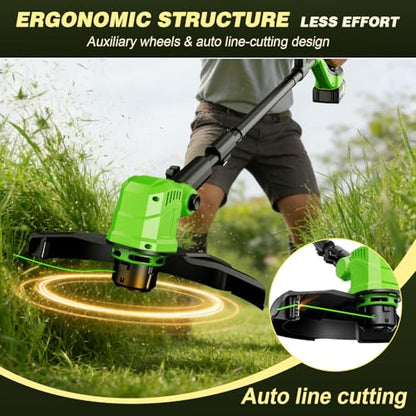 Cordless Weed Wacker with Wheels, 21V Battery Powered Weed Eater with 8 Spools & 2 Batteries, Lightweight Lawn Mower & Adjustable Grass Cutter Tools for Yard, Lawn Care
