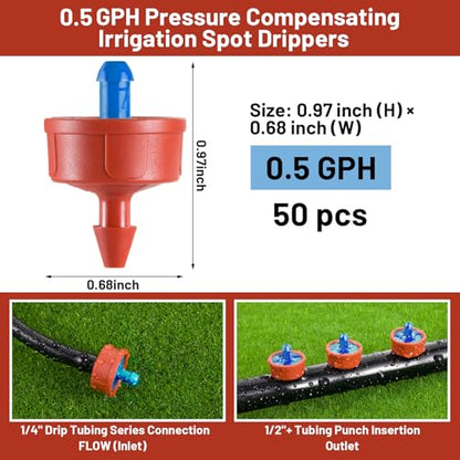 50pcs 0.5 GPH Pressure Compensating Drippers for Drip Irrigation - size: 0.5 GPH 50PCS
