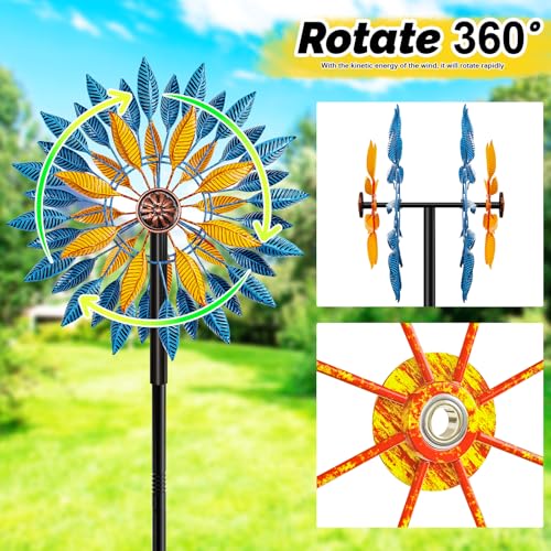 Metal Wind Spinners Outdoor Kinetic Sculpture 5-Prong Base for Garden Yard - color: Blue+yellow