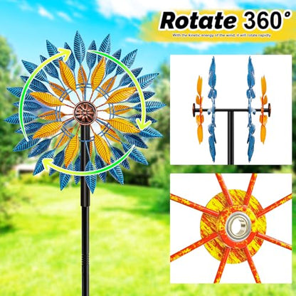 Metal Wind Spinners Outdoor Kinetic Sculpture 5-Prong Base for Garden Yard - color: Blue+yellow