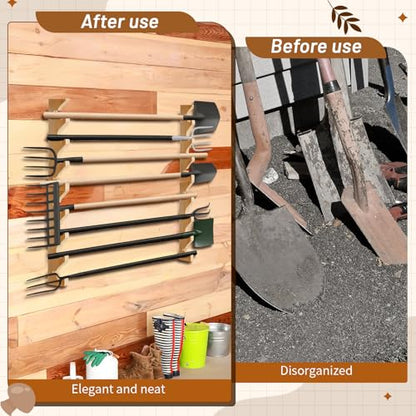 Beeveer 2 Pairs Pine Wood Garden Tool Organizer Wall Mount, 8 Slots Holder