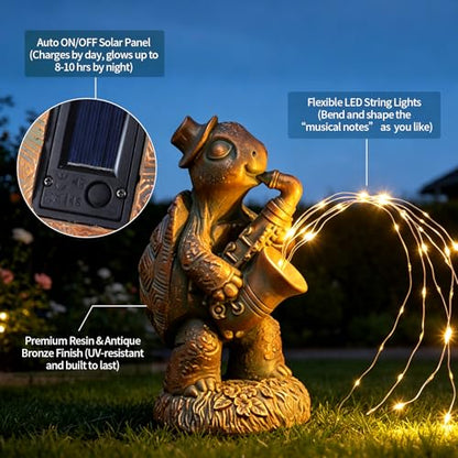 Solar Turtle Statue with Saxophone String Lights for Garden Decor