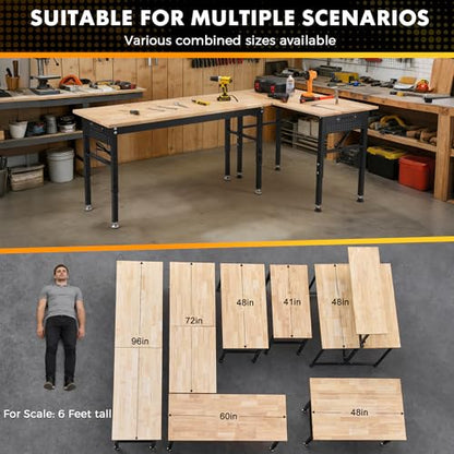 60" Adjustable Workbench with Rubberwood Top & Power Outlet,Large 60 x24Inch 9-Level Height Range 27"-37", 2000 LBS Heavy Duty Capacity for Workshop, Office, Garage, Home - size: 60*24 Inch