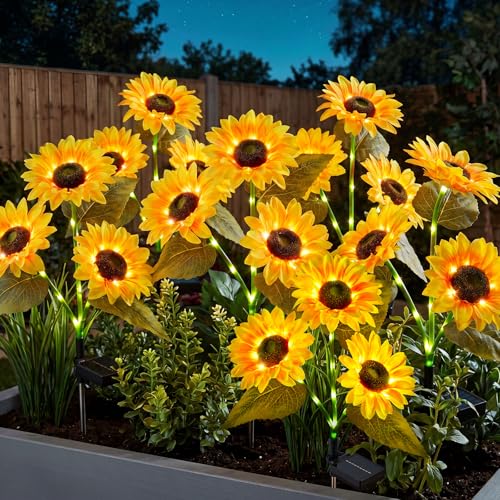 Brightown 6 Pack 3 Head Solar Sunflower Garden Stake Lights Waterproof - color: Yellow, size: 6 Packs