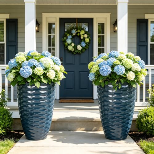 19" Resin Tall Outdoor Planters for Plants Set of 2, Costal Wavy Pot - color: 19"h-navy Blue Wavy