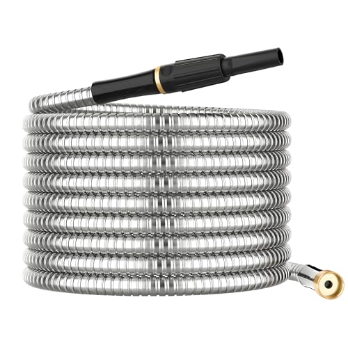 Non-Expandable Metal Garden Hose 25 Feet with Sprayer Nozzle, Flexible, No Kinking, Lightweight & Heavy Duty Water Pipe, Stainless Steel Outdoor Water Hose for Yard 25 ft, Male to Female Connector - size: 25ft