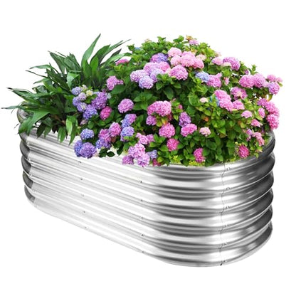 17" Tall Oval-Shaped / Elliptic Metal Raised Garden Bed Outdoor Silver - color: Silver, size: 48X24X16.5 Inches