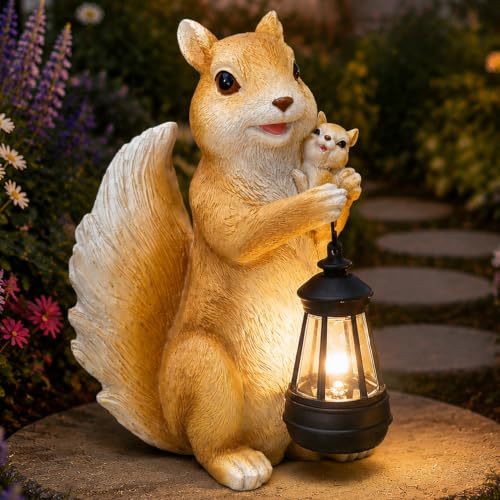 Solar Squirrel Statue with Lantern, Cute Resin Animal Garden Decor - color: Yellow Squirrel Statue