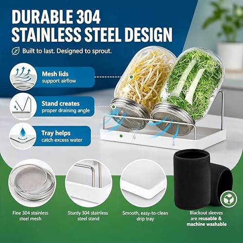 Premium Sprouting Jar Kit 2-Wide Mouth Mason Jars with Mesh Sprout Lids - color: Green