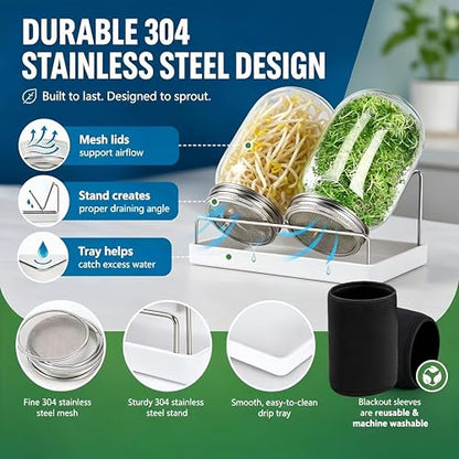 Premium Sprouting Jar Kit 2-Wide Mouth Mason Jars with Mesh Sprout Lids - color: Green