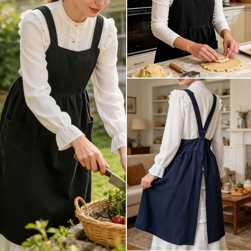 Cotton Linen Apron Cross Back Apron for Women with Pockets Pinafore Dress - color: 2 Pack-black+navy