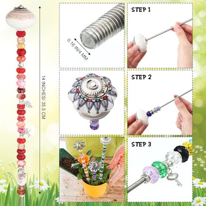 Silipull 255 Pcs 14 Inch Garden Stakes Decorative Ceramic Mushroom and Pumpkin Round Beaded Garden Stakes Decor Fairy Sticks for Indoor Outdoor Yard Lawn Pathway Patio Decoration - style: Stylish