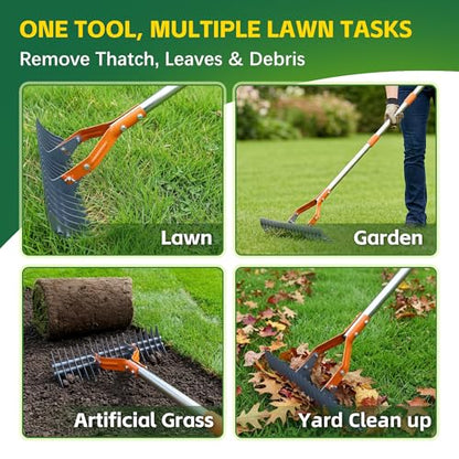 Thatch Rake – 74-Inch Heavy Duty Metal Rake with Hardened Steel Tines for Efficient Lawn Thatch and Dead Grass Removal, Detachable Handle Manual Dethatcher Rake for Yard and Landscape Maintenance