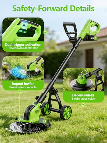 12-Inch Battery Powered String Trimmer with Wheels, 800W Brushless 4-in-1