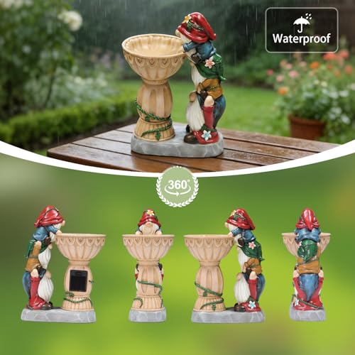 Sheaifun Solar Garden Gnomes Outdoor Statues with Bird Bath Feeder for Yard - style: Three Gnomes
