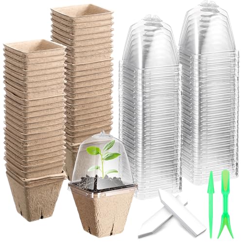 Baderke 120 Pcs Biodegradable Nursery Pots with 30 Humidity Dome and 30 Labels, 2.36" Plant Nursery Seed Starter Planter Biodegradable Peat Pots for Planting Seedlings, Vegetables (Square) - size: 2.36", style: Square