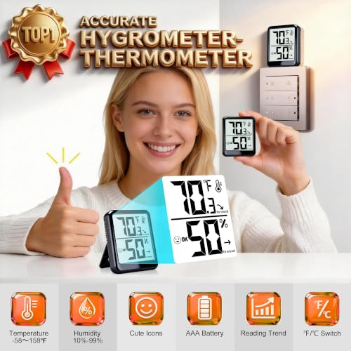 2 Pack Room Thermometer Indoor Hygrometer Digital Humidity Meter - color: Black - Upgraded Version, size: 2 - Pack
