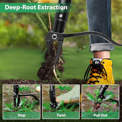 4-Claw Steel Weed Puller Tool, Heavy Duty Stand Up Weeder with Long Handle 46” for Easily Remove Weeds Without Bending, Pulling or Kneeling(Black)