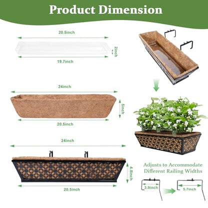 hehimhis Window Planter Box with Adjustable Bracket and Coco Liner for Porch, 24 Inch 4 Pack Balcony Planters Railing Hanging,Fence, Patio Hanging Planters for Garden Outdoor - size: 24 inch 4 pcs