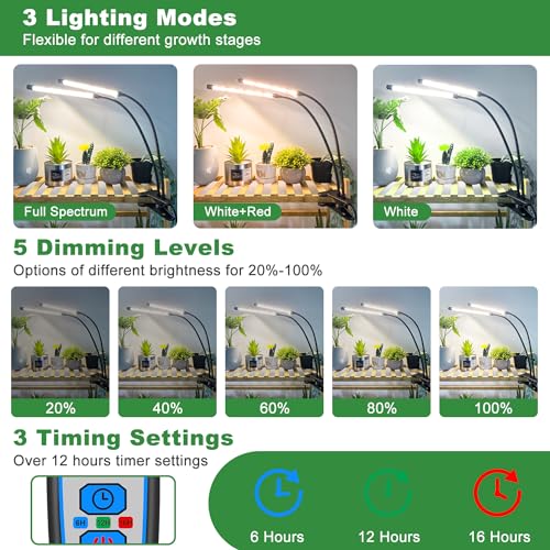 Wolezek Clip on Grow Lights for Indoor Plants, Full Spectrum 6000K - color: White-2 Head