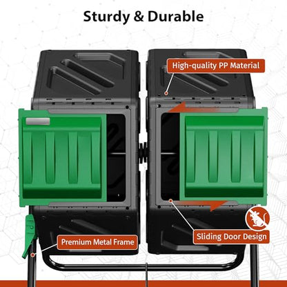 Compost Bin, 37-Gal Dual Chamber Composter Tumbler, Black Green