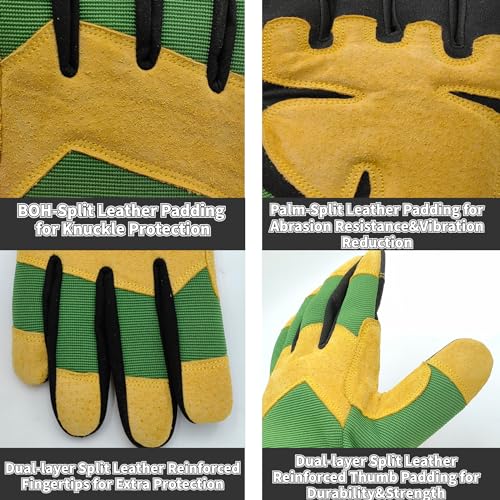 Cowhide Work Gloves, Mechanic Glove Men, Medium, Green+Yellow - color: Green+yellow, size: Medium
