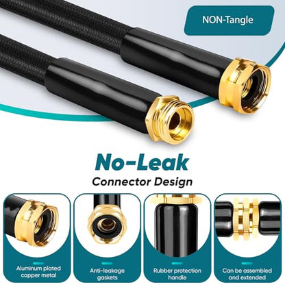 Garden Hose 100FT Non-Expanding, Lightweight Hose With 10-Function Nozzle, Leak-Proof No-Knot, Easy to Carry, Wear-Resistant, Sturdy 3/4GHT Flexible Water Hose for Outdoor (Black with Nozzle)