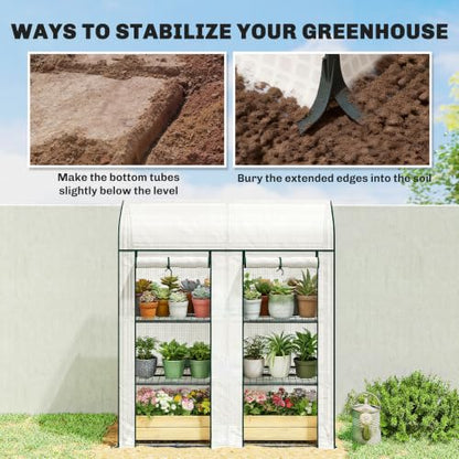 Outsunny 3 Tier Mini Greenhouse 2 Roll-up Doors 56.3" x 18.1" x 65" White - color: White