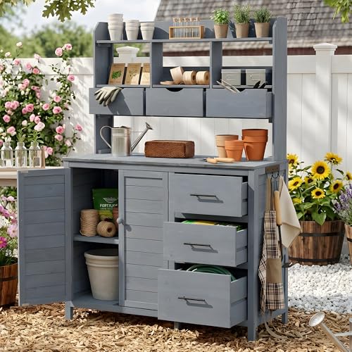 Farmhouse Patio Potting Bench, 44.6''x19.5'' Large Freestanding Garden Workstation with 6 Drawers, Bottom Cabinet and Side Hook, Outdoor Kitchen Island, Gray - size: Gray+3 Drawers