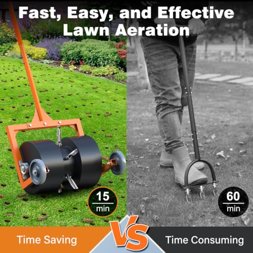 Rolling Lawn Aerator, Non-Clogging Hollow Tine Aerator for Compacted Soil
